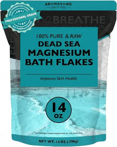 Aromasong Escamas de magnesio del mar muerto, 14 onzas. Paquete resellable - Sales de baño de cloruro de magnesio relajantes musculares remojadas.