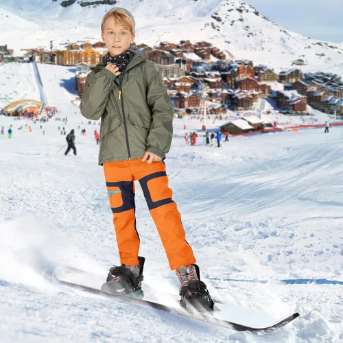 Miniatura 13 de linlon Pantalones impermeables para la nieve para niños y niños, forro polar lind para senderismo, softshell, cálidos, con aislamiento térmico