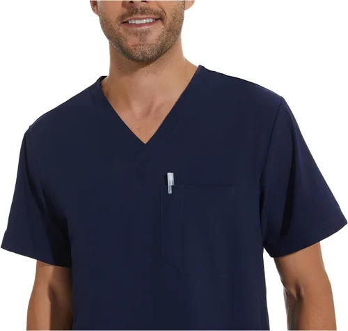 Miniatura 4 de COZYFIT Conjunto de ropa quirúrgica para hombre camiseta elástica con cuello en V y pantalón deportivo con 8 bolsillos, cintura de yoga, ropa