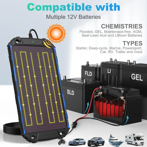 Miniatura 3 de SUNER POWER Cargador de batería solar impermeable de 5 W 12 V y mantenedor Pro, controlador de carga MPPT ultrainteligente integrado, kit de carga