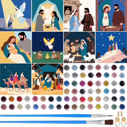 Kosiz Paquete de 10 Escenas de Natividad Navideñas para Pintar por Números para Niños y Adultos de 8x8 Pulgadas, Kits de Pintura al Óleo de Navidad,