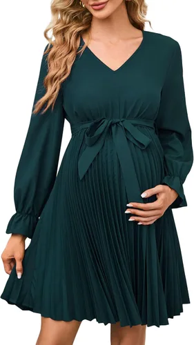 KOJOOIN Vestido plisado de manga larga abombada para mujer, cuello en V, volantes, casual, con cinturón, vestido midi para baby shower, sesión de