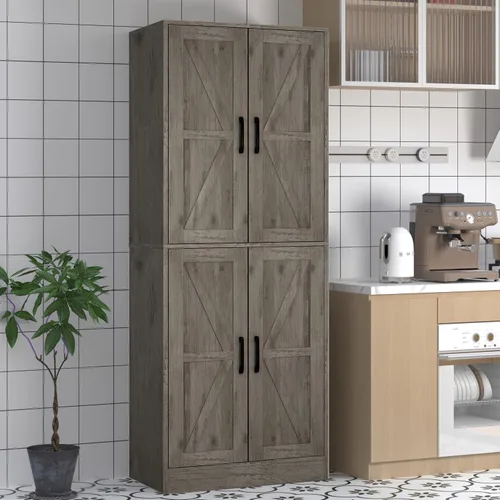 Armario de almacenamiento de granja, gabinetes de almacenamiento de despensa de cocina con 4 puertas, despensa de cocina alta con 2 estantes Madera
