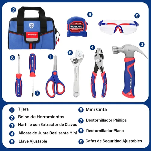 Miniatura 3 de WORKPRO Juego de herramientas de mano para niños de 9 piezas, kit de herramientas junior azul con bolsa de almacenamiento para niños, niñas, niños