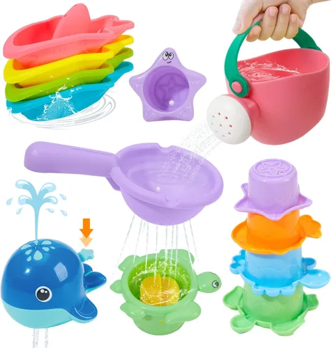 Juguetes de baño sin moldes, 11 piezas | Botes flotantes seguros, fáciles de limpiar y divertidos & cuchara & regadera y juguete de ballena para