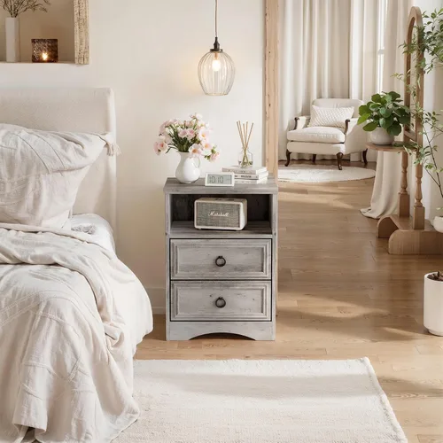 Miniatura 9 de Juego de 2 mesitas de noche con 2 cajones, mesita de noche de 18 pulgadas de ancho con cajones para dormitorio, mesa auxiliar de cama grande y mesa
