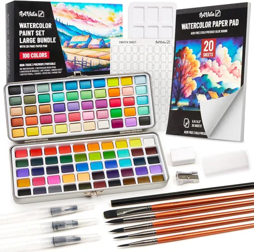 Miniatura 8 de Juego de pintura de acuarela con 100 colores brillantes: para principiantes adultos y profesionales con metálico - Kit de arte de acuarela de viaje