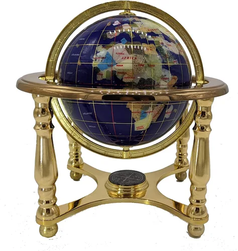 Globo de piedra preciosa de lapislázuli azul de 10 pulgadas de alto con soporte dorado de 4 patas