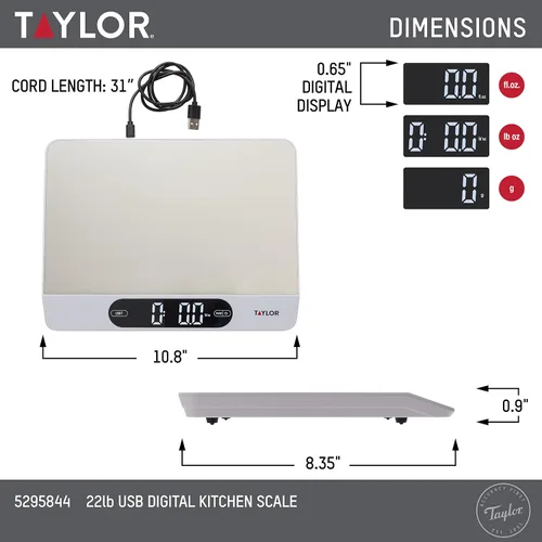 Miniatura 5 de Taylor Báscula de alimentos de cocina de alta capacidad de 22 libras con superficie de acero inoxidable, pantalla retroiluminada y cable de recarga