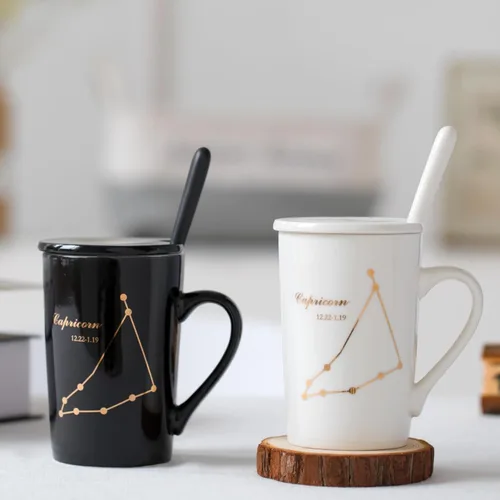 Miniatura 2 de Regalos de cumpleaños de Capricornio para mujeres, taza de café de cerámica de 15 oz con tapa, cuchara y posavasos, tazas de astrología