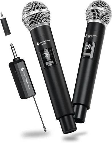 Miniatura 10 de Micrófono inalámbrico - Micrófono de karaoke para cantar - Micrófonos de mano dinámicos dobles recargables con receptor - Micrófono inalámbrico