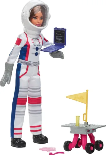 Muñeca Barbie del 65º Aniversario y 10 Accesorios, Set de Astronauta con Muñeca Morena, Rover Rodante, Casco Espacial con Escudo Abatible y Más