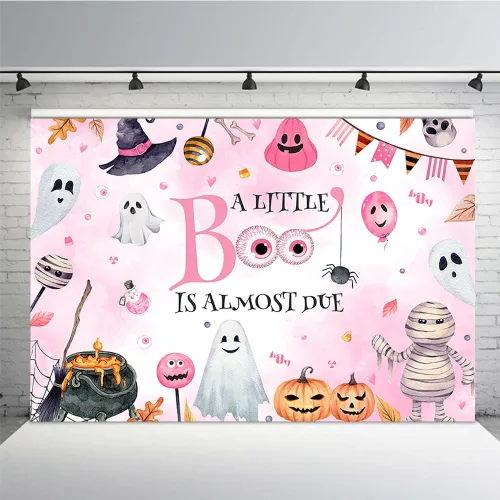 Miniatura 8 de MEHOFOND Telón de fondo de Halloween de 7 x 5 pies con texto en inglés "A Little Boo is Almost Due Pumpkin Photography Background Blue Watercolor