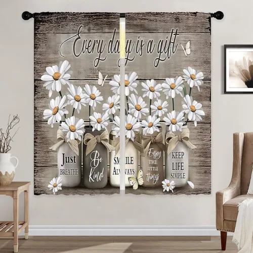 Miniatura 40 de Cortinas de Cocina de Girasol Estilo Granja, Cortinas de Ventana Cortas Pequeñas de Café con Flores Rústicas Florales del Campo, Cortinas de Ventana