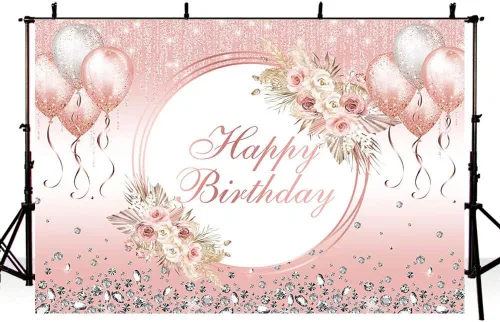 AIBIIN Telón de fondo bohemio de feliz cumpleaños de 7 x 5 pies para niña, globos rosas con purpurina, fondo de fotogarfia, decoración de fiesta de