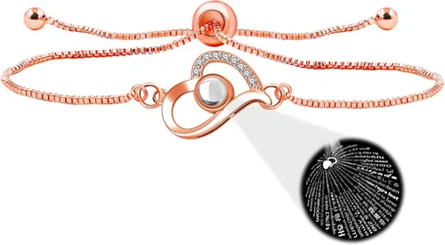 Miniatura 10 de Pulsera ajustable de cadena de plata/oro rosa, 4 dijes de corazón diferentes en 100 idiomas con texto en inglés "Say I Love You", pulsera