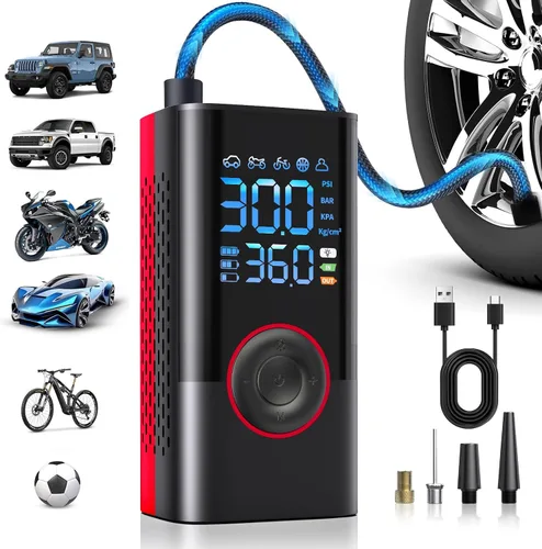 Miniatura 10 de Inflador de neumáticos, compresor de aire portátil, inalámbrico, mini bomba de aire con medidor de presión digital, inflador de 150 PSI, inflado