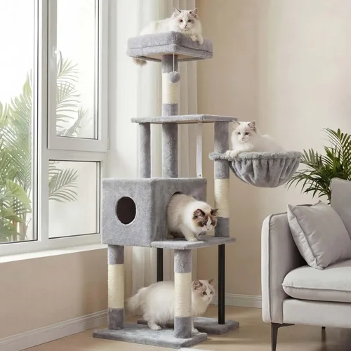 Miniatura 20 de Heybly Poste rascador para gatos, torre de árbol pequeño para gatos con 3 postes de sisal completos, cama de felpa extraíble, cepillo de aseo