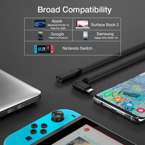 Miniatura 6 de UseBean Cable de extensión USB C en ángulo recto de 0.6 pies, 90 grados USB-C 3.2 Gen 2 20Gbps macho a hembra tipo C 4K cable extensor de video