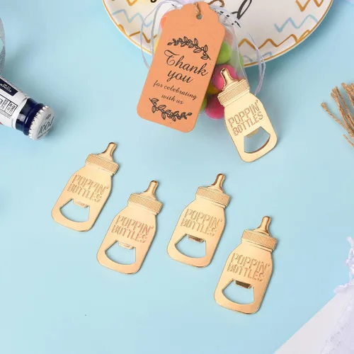 Miniatura 6 de 24 piezas de regalos de baby shower para invitados, diseño Poppin, abrebiberones, regalos de devolución o recuerdos con etiquetas de regalo y bolsas