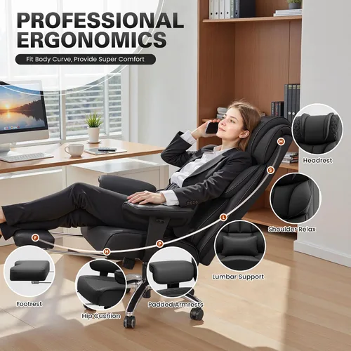 Miniatura 3 de BestGlory Silla de escritorio de oficina, silla de juegos de cuero grande y alta con reposapiés, sillas de computadora reclinables ejecutivas Negro