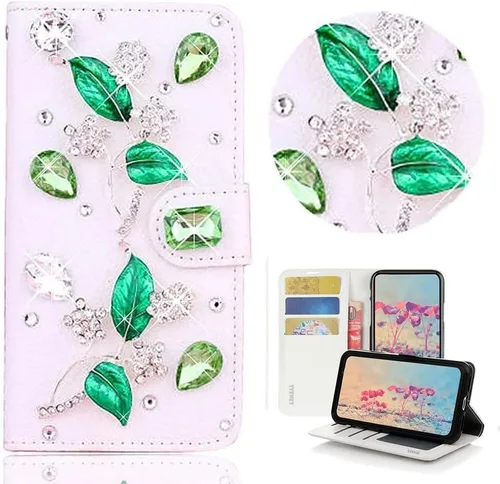 Miniatura 9 de Bling Wallet - Funda de piel compatible con iPhone 15, elegante, hecha a mano en 3D, diseño floral, diseño floral, para niñas y mujeres, con correa