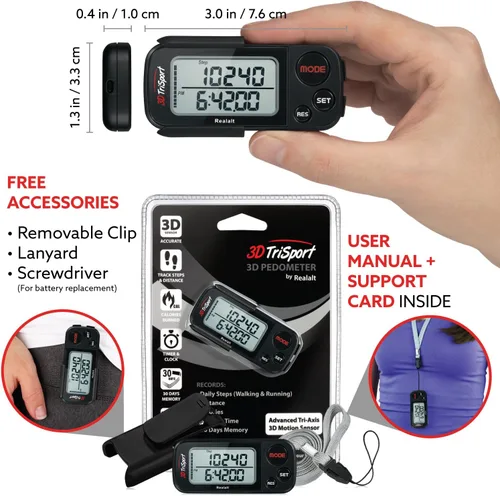 Miniatura 4 de Realalt 3DTriSport 3D Walking Pedometer with Clip & Strap, Accurate Step Counter with 30-Day Memory, Distance in Miles/KM with Large Display Perfect