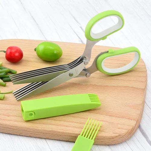 Miniatura 2 de Juego de tijeras gourmet para hierbas multiusos con 5 cuchillas de acero inoxidable, pelador de hierbas, peine de limpieza de cubierta de seguridad