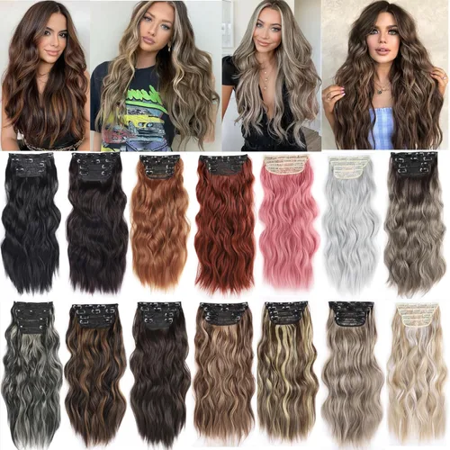Miniatura 6 de Burgundy Clip in Hair Extensions, 4 PCS Natural Soft Long Wavy Clip on Synthetic Hair Hairpieces Curly 20Inch Curly Thick Hair 11 Clips