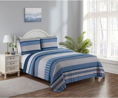 Miniatura 3 de Legacy Decor Colcha reversible de 3 piezas, diseño de retazos azules y blancos, microfibra ultra suave, tamaño individual