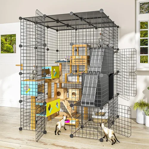 PAWING Jaula grande para gatos de interior – Recinto de alambre de metal para gatos con cubo de almacenamiento, jaula desmontable para gatitos con