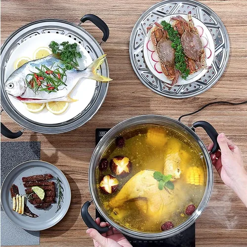 Miniatura 3 de MANO Olla Vaporera para Cocinar de 12.6 Pulgadas con Tapa, Olla Vaporera de Acero Inoxidable de 2 Niveles, Utensilios de Cocina Multiusos con Mango