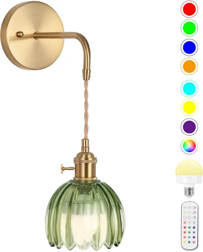 Aplique de pared vintage, funciona con pilas, con pantalla de cristal de tulipán verde profundo, apliques de pared para interiores sin cableado con