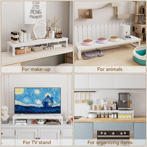 Miniatura 9 de IBUYKE Soporte elevador grande para monitor doble para 2 monitores, soporte de madera para monitor de computadora de escritorio, estante de Blanco