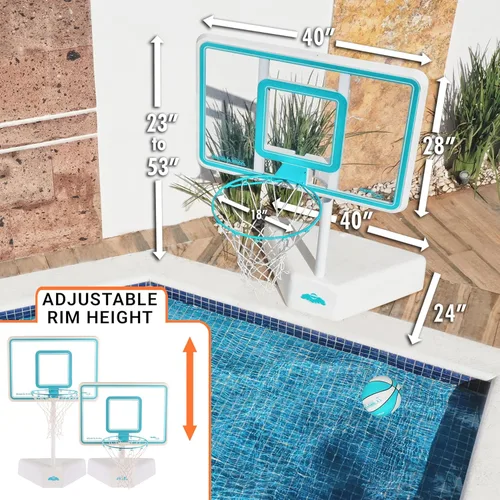 Miniatura 5 de Dunn-Rite Splash & Shoot, aro de baloncesto ajustable para piscina al aire libre con altura variable, pelota, base y borde de acero inoxidable de 18
