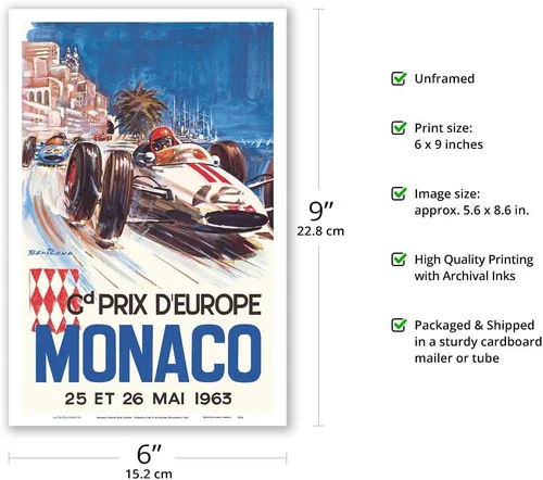 Miniatura 2 de Mónaco Grand Prix Europe (Gd Prix D'Europe) - Póster de carreras de coches vintage por Michel Beligond c.1963 - Impresión artística maestra
