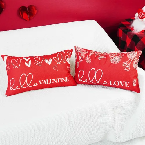 Miniatura 3 de ONWAY Juego de 2 fundas de almohada para el día de San Valentín de 12 x 20 pulgadas, decoración de corazón rosa con texto en inglés "Hello