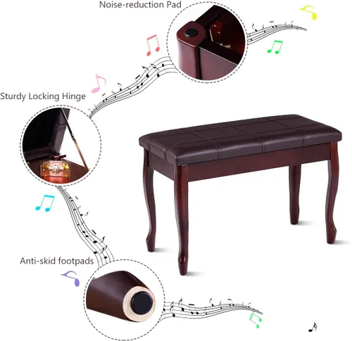 Miniatura 6 de GOFLAME Taburete de banco de piano con cojín acolchado y almacenamiento de música, asiento de piano resistente con asiento acolchado de piel Marrón