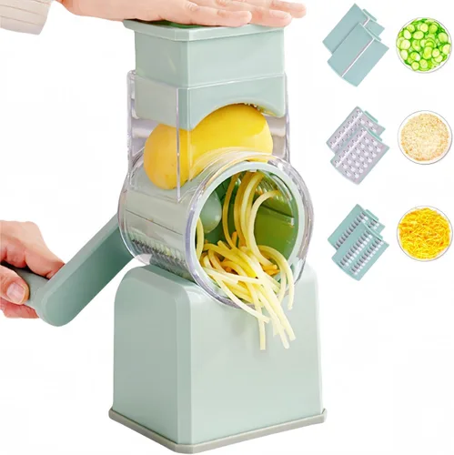 Rallador rotativo de queso con asa, trituradora de queso de cuchillas inoxidables reemplazables, cortador de verduras de queso multifuncional con