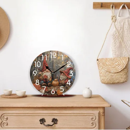 Miniatura 4 de Reloj de pared redondo retro de otoño con dos gnomos y calabaza de 10 pulgadas, funciona con pilas, reloj de escritorio analógico silencioso sin