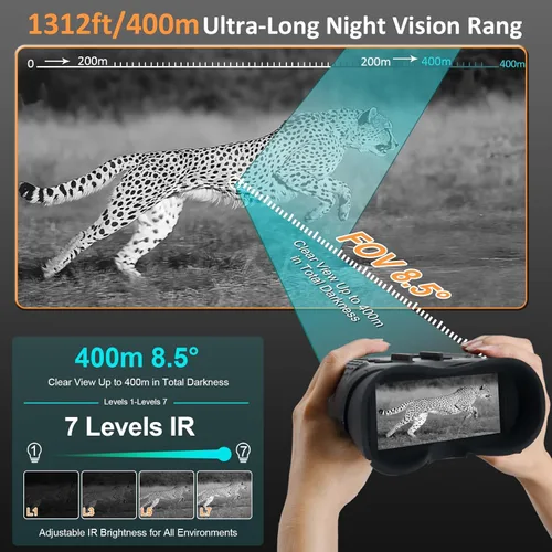 Miniatura 3 de Gafas de visión nocturna montadas en la cabeza, prismáticos infrarrojos de 1312 pies para adultos, zoom 8X 7 niveles IR, tarjeta de 32 GB