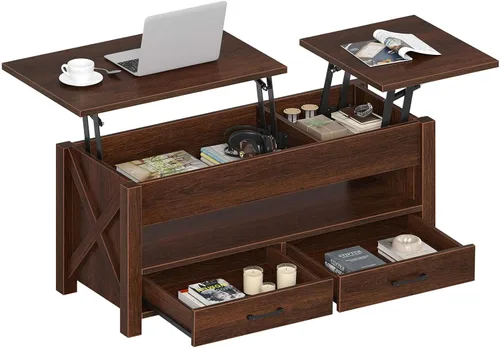 Seventable - Mesa de café, mesa de centro con elevación de 47.2" con 2 cajones de almacenamiento y compartimento oculto, mesa central de granja con