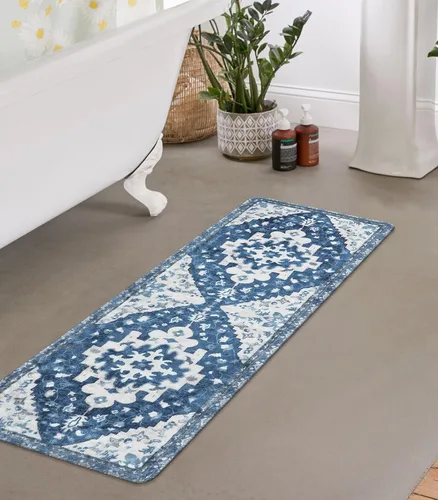 Miniatura 15 de Uphome Alfombra de baño vintage, azul, bohemio, antideslizante, oriental, suave, lavable a máquina, lindas alfombras de baño tribales florales