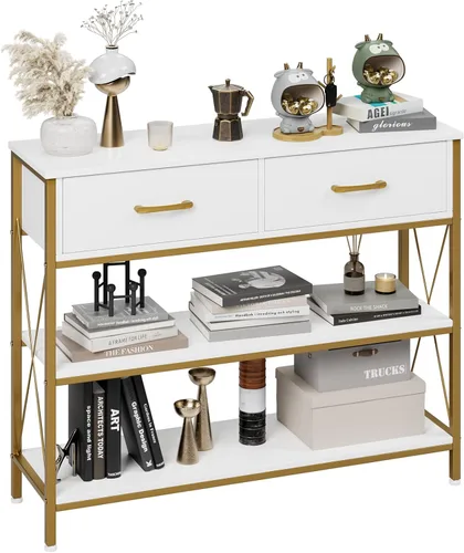 HITHOS - Mesa de consola industrial con cajones, mesa vintage para vestíbulo con estantes de almacenamiento, mesa estrecha y larga para entrada al