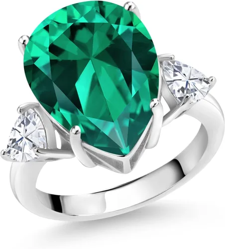 Gem Stone King Anillo de 3 piedras de moissanita blanca y nano esmeralda verde de 9.19 quilates para mujer en plata de ley 925 | Forma de pera 0.630