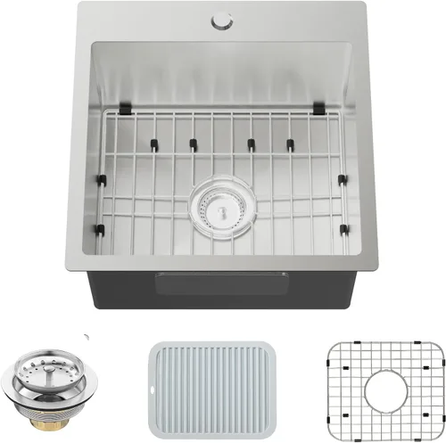 Miniatura 10 de Fregadero de cocina negro de acero inoxidable de 18 x 18 pulgadas, montaje superior, fregadero de cocina y bar, juego de fregadero de un solo tazón