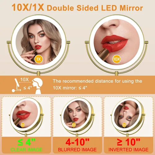 Miniatura 3 de Gospire Espejo iluminado montado en la pared de 9", con aumento 1X/10X, espejo de baño LED de doble cara, 3 luces de color y atenuación sin Dorado