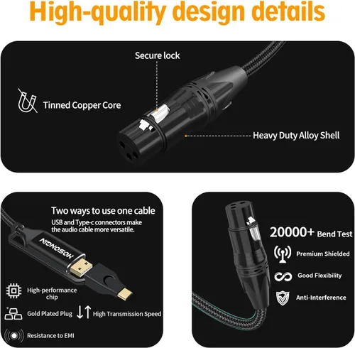 Miniatura 3 de HOSONGIN Cable XLR a USB C de 3.3 pies, Cable de grabación profesional 2-en-1 XLR hembra a (USB tipo A + C) para micrófonos a teléfono/tableta/PC
