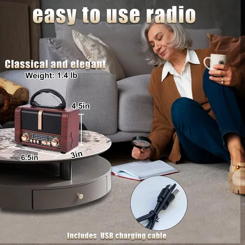 Miniatura 7 de Radio portátil retro AM FM SW 3 banda, carga USB, radio de onda corta con altavoz Bluetooth, tarjeta TF (marrón)