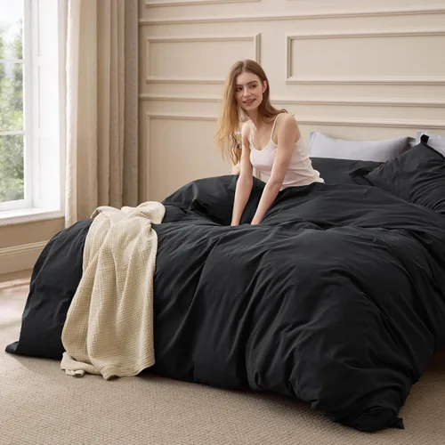 Miniatura 22 de Bedsure Funda de edredón de algodón tamaño individual – Funda de edredón de lujo con tejido slub 100% algodón con una textura similar al lino, ropa